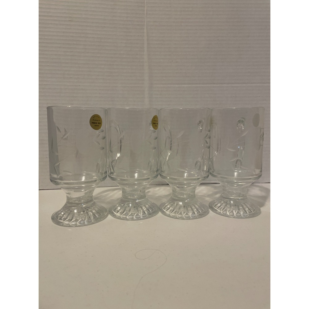 Princess House Heritage Etched Floral Footed Glass Mugs Set of 4 Tempered France